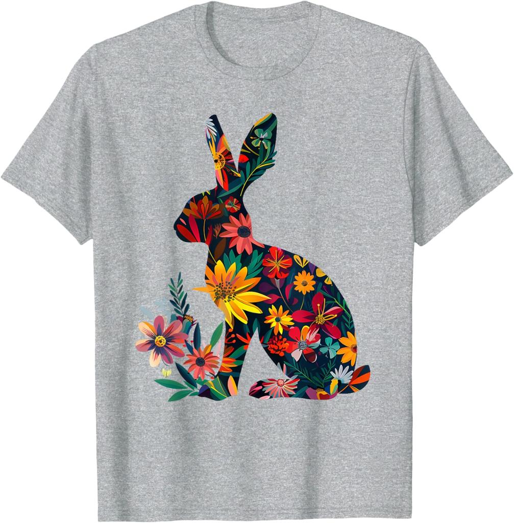 Floral Bunny Rabbit Silhouette T-Shirt Spring Easter Holiday Graphic Tee Casual Short Sleeve