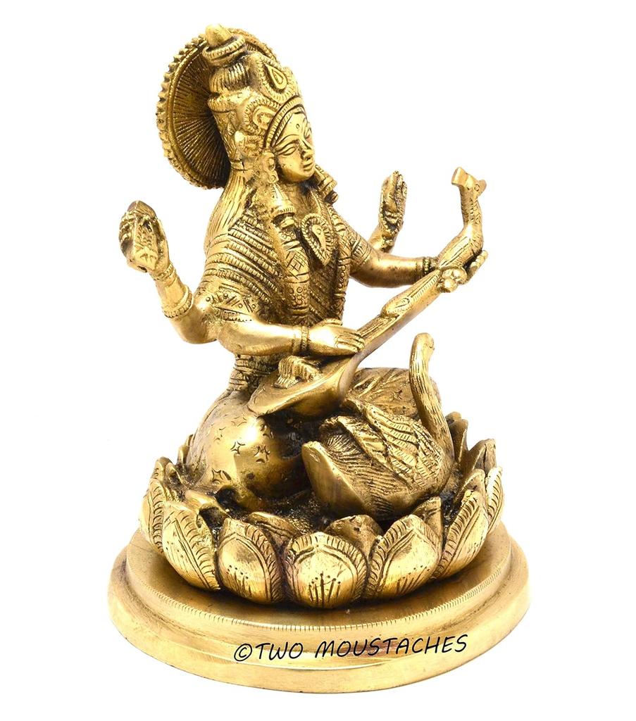 Original Brass Goddess Saraswati Idol, Religious, Murti, Gold, Size - Standard