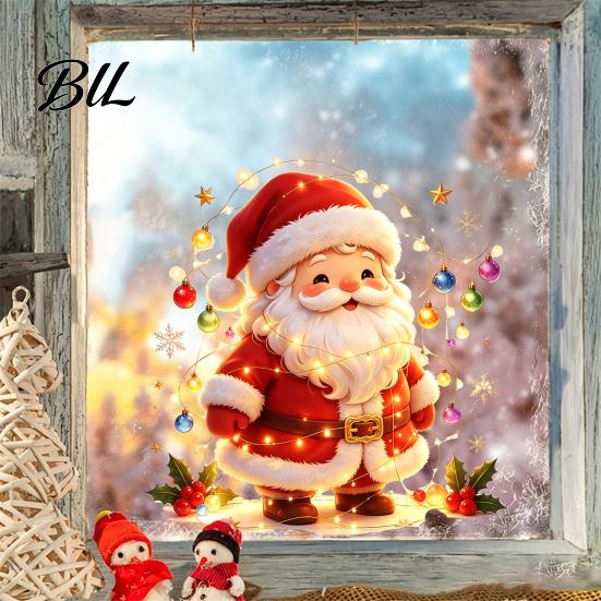Festive Window Ornaments Santa Snowman Christmas Static Clings, Reusable Stickers, Decorative Holly Patterns Colorful Holiday Home Shop Decorations
