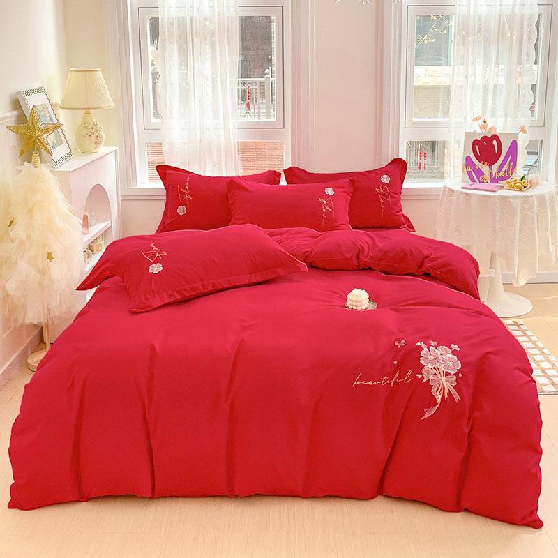 Four-piece Washed Cotton Embroidery Skin-friendly, Soft and Breathable Printing and Dyeing Non-fading Simple Bedding