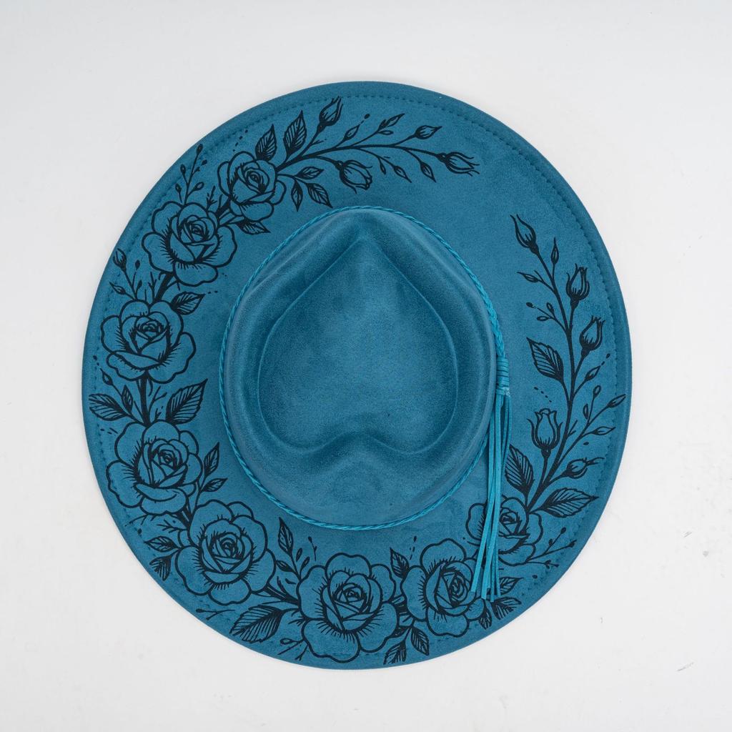 Source laser engraved suede top hat, rose pattern engraved woven fringed western cowboy hat