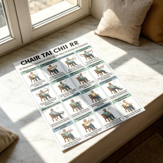 3er Set Tai Chi Übungsplakate für Stuhlübungen Sitzendes Trainingsdiagramm für Senioren Niedrigintensive Balance-Krafttrainingsanleitung