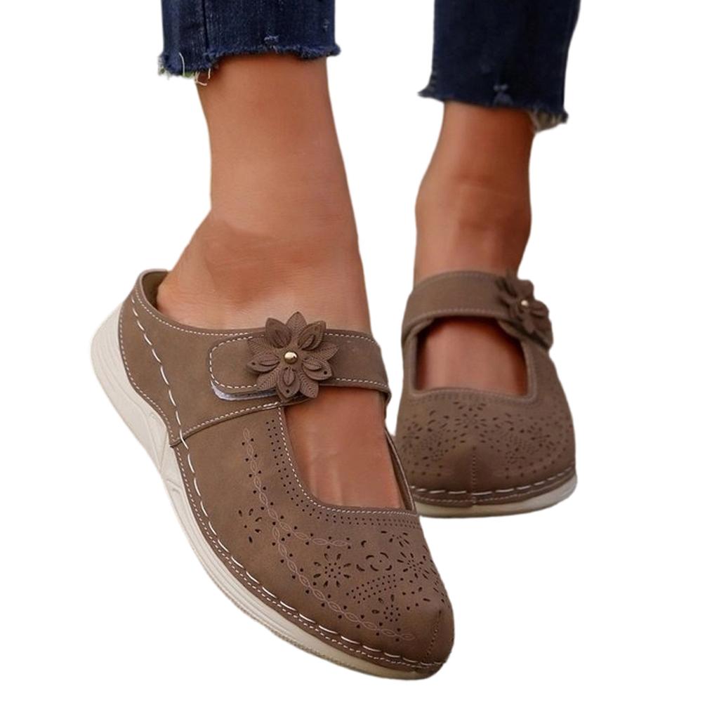 Women Casual Slip On Sandals Breathable Cutout Design Comfortable Flat Shoes with Adjustable Strap and Decorative Flower Accent