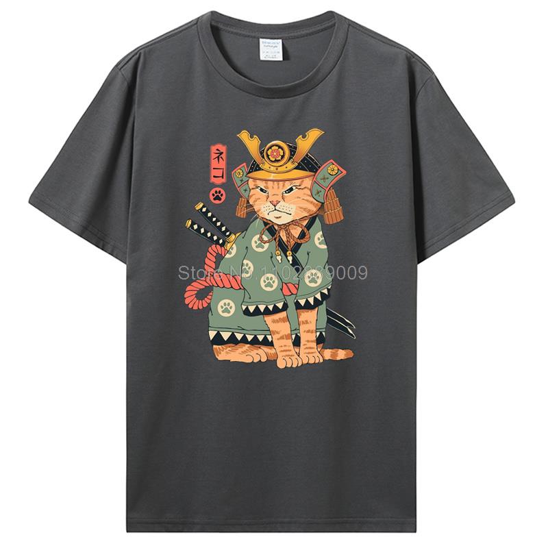 Summer New Men Japanese Samurai Cat Graphic T Shirt Fashion Casual Personality Cool T-shirt Print Cotton Tees Tops