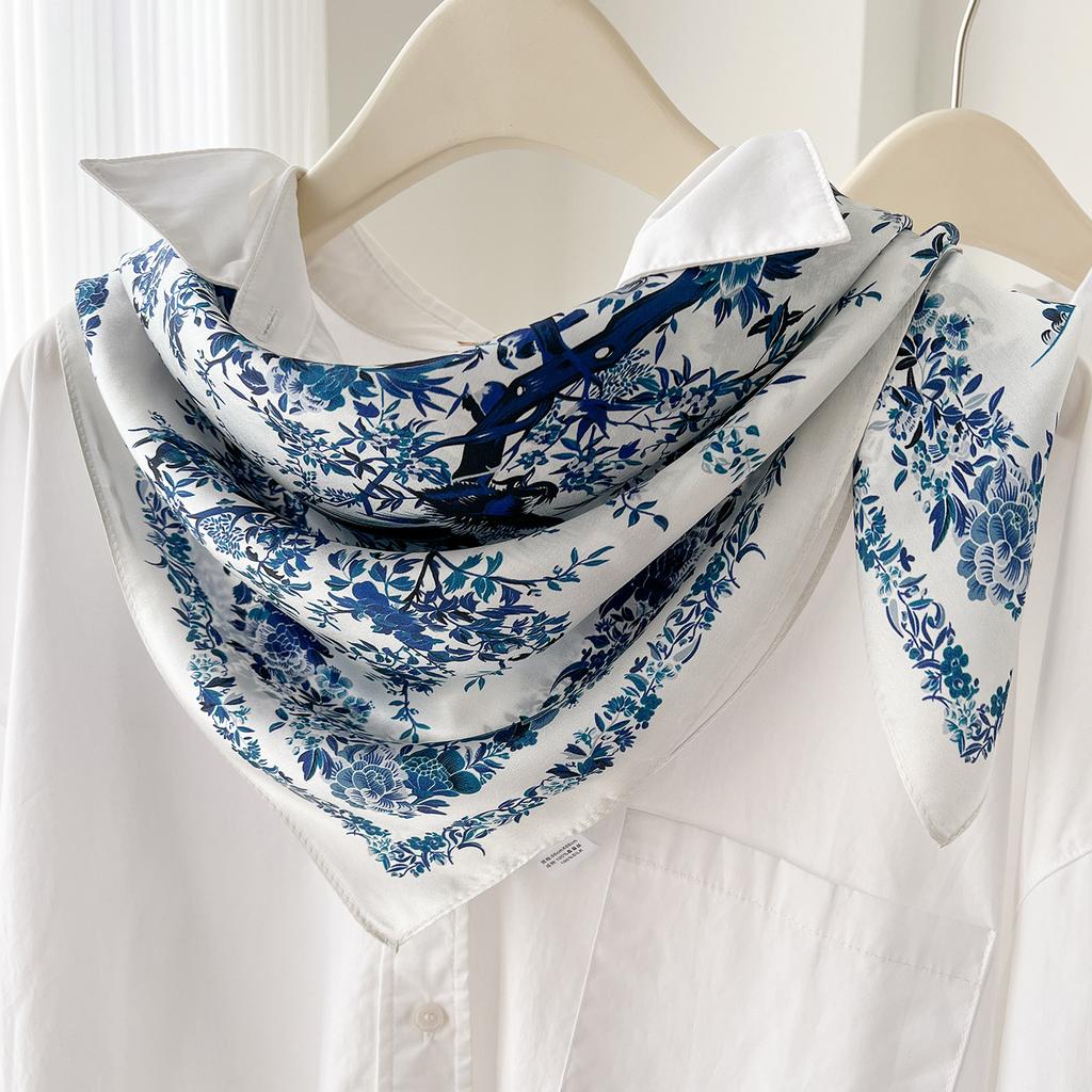 111% mulberry silk scarf women's summer versatile flower and bird painting 71 silk square scarf scarf light luxury high-end scarf shawl