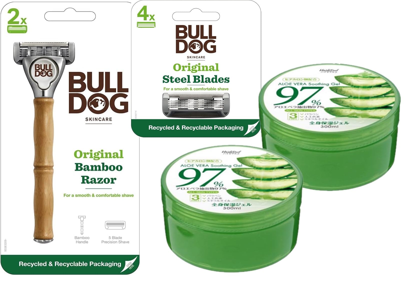 

Skin Care Razor with Natural Bamboo Handle 6 Replacement Blades 2 x 300ml Aloe Soothing Body Gel Bulldog x Heididorf Skin Care [4-Piece Set] Men s