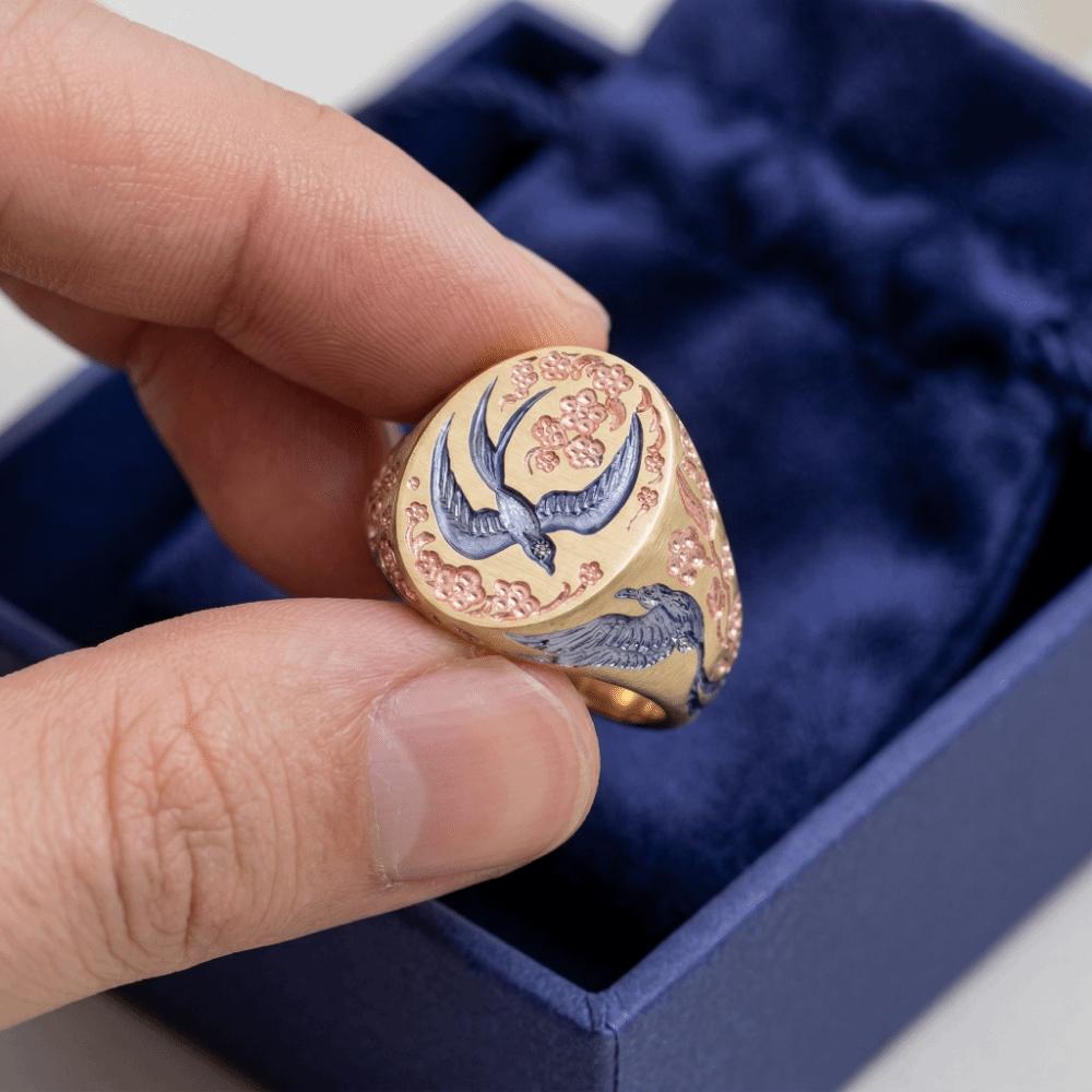 Vintage Enamel Floral Ring Light Luxury Bird Rings Sweet Wild Duck Ring Ethnic Style