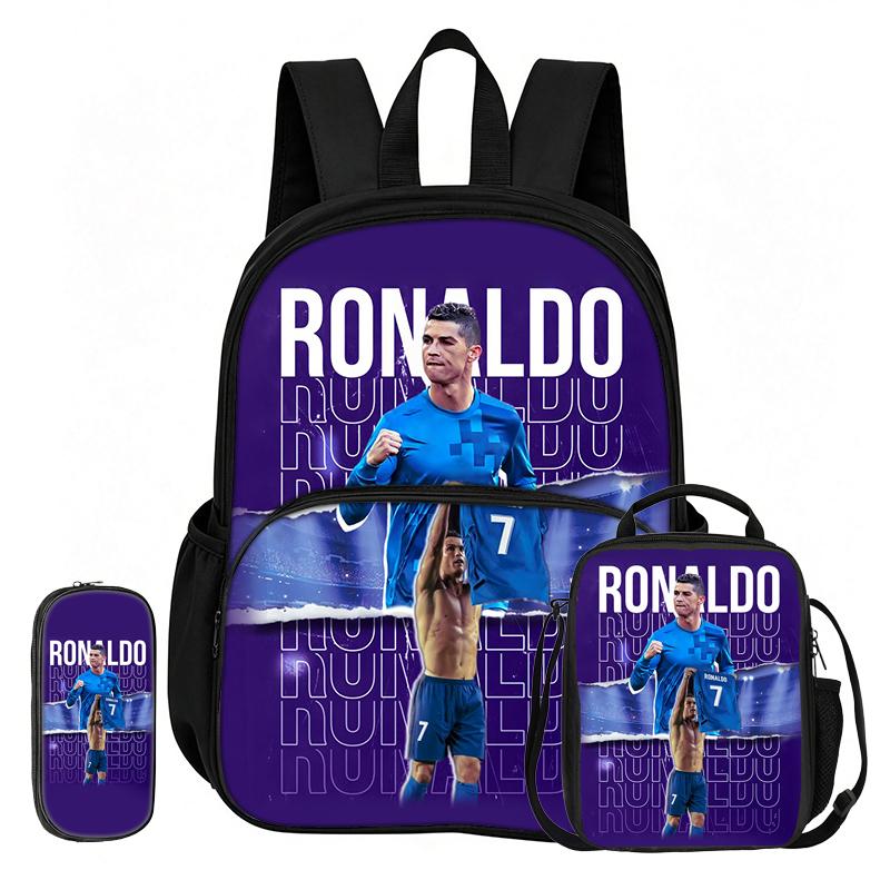 Learn, Travel Football Star School Bag Ronaldo 3 Pcs set with Front Pocket Backpack Lunch bag, Pencil Case, Sport Rucksack