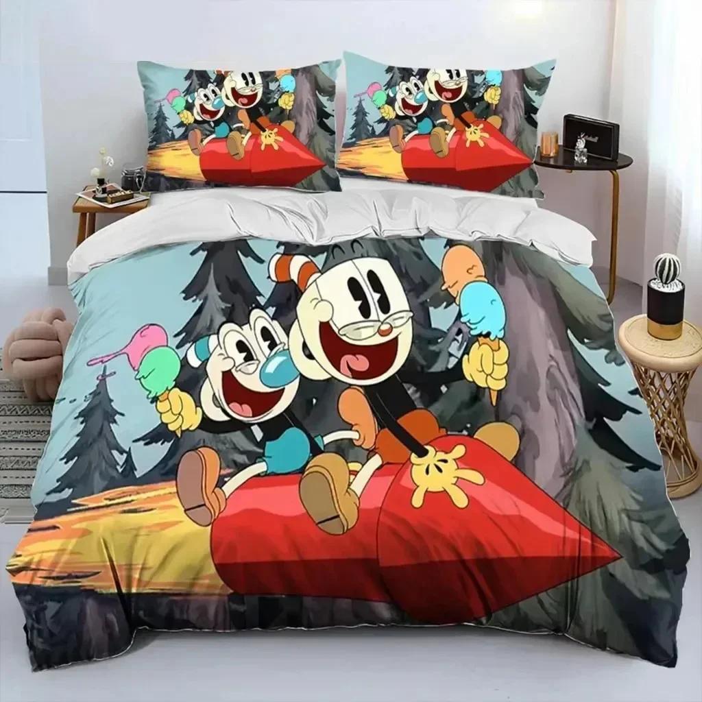 Cartoon Cuphead And Mugman Bedding Set Duvet Cover Sheet Printed Bed Set Pillowcase Bed Full Queen King Size Comforter Bedroom