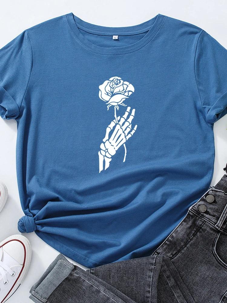 Dámské tričko s potiskem lebky, ruky a růže, s krátkým rukávem, s kulatým výstřihem, volné, letní, dámské, ležérní, topy, camisetas mujer