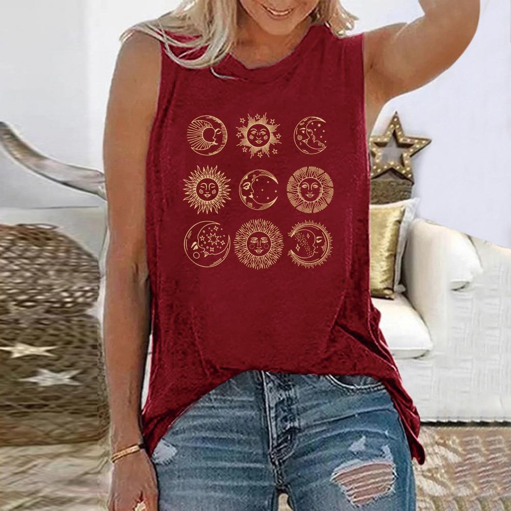Printed women's sleeveless summer loose T-shirt round neck casual top