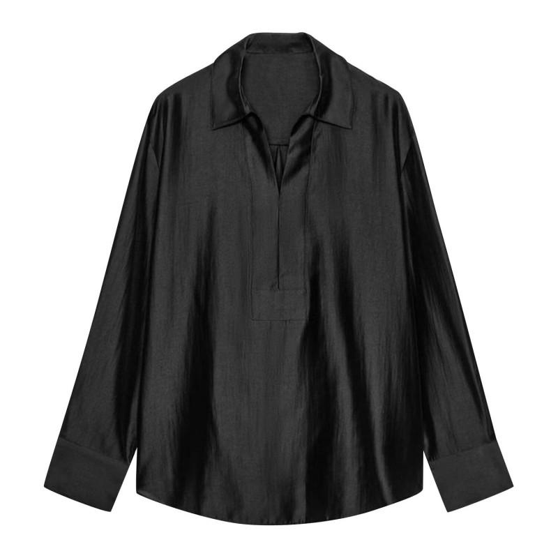 Womens Long Sleeve Collared Shirt Loose Fit Solid Color Office Casual Top