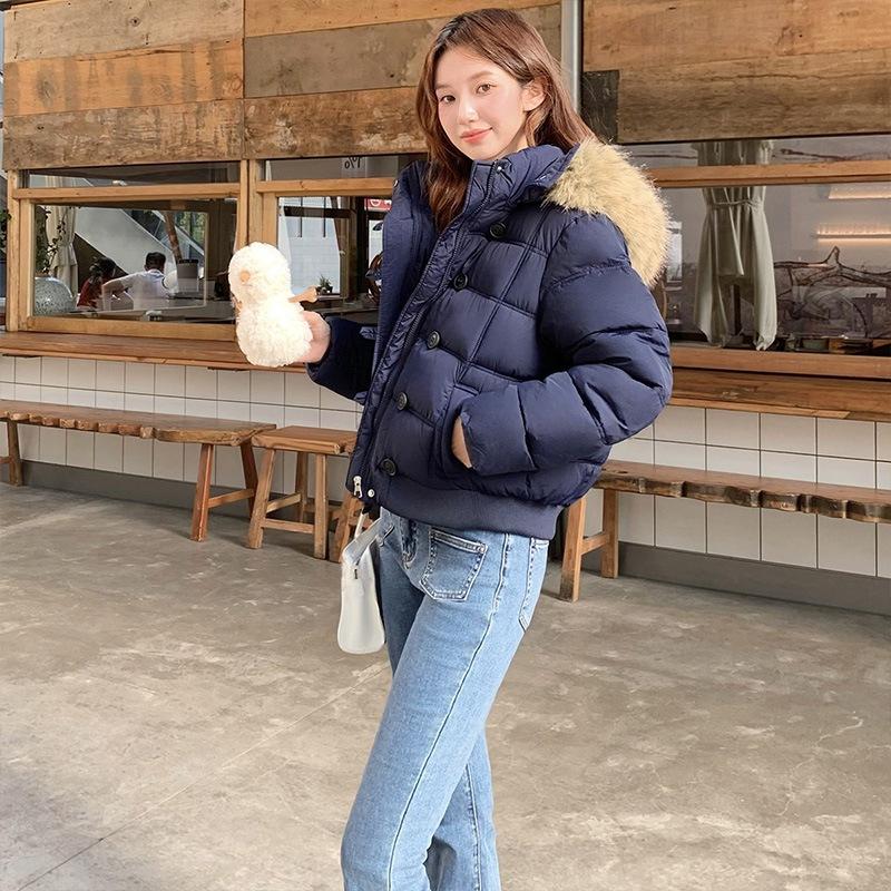 Women Short Medium Length Down Jacket Winter Warm Stand Collar Solid Color Casual Outerwear Coat