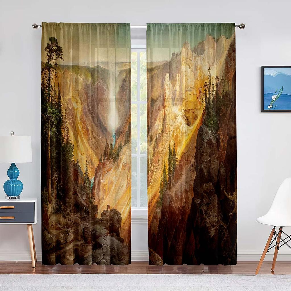 Pictură Artă Râu Pădure de Munte Perdele Tulle pentru Decor Living Dormitor Șifon Transparent Voal Pur Cortină de Fereastră