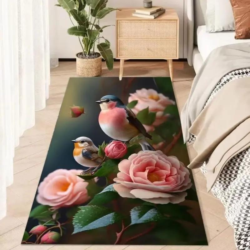 Botanical Flower Decoration Carpet Cartoon Bird Modern Carpet for Living Room Bedroom Decor Bedside Floor Mat Anti Slip Washable