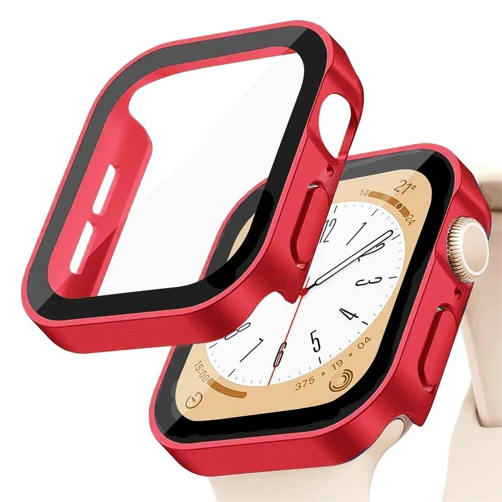 Glass+Case For Apple Watch 42 46mm 45mm 41mm 49mm 44mm 40mm Straight Edge Screen Protector Cover Case iWatch SE 6 7 8 9 10 Ultra