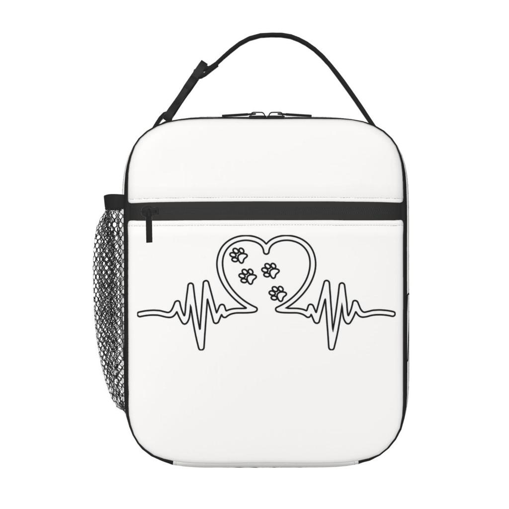 Dog Paw And Heart ECG Heartbeat Insulated Lunch Bag for Women Kids Portable Food Boxes Thermal Lunch Box Tote