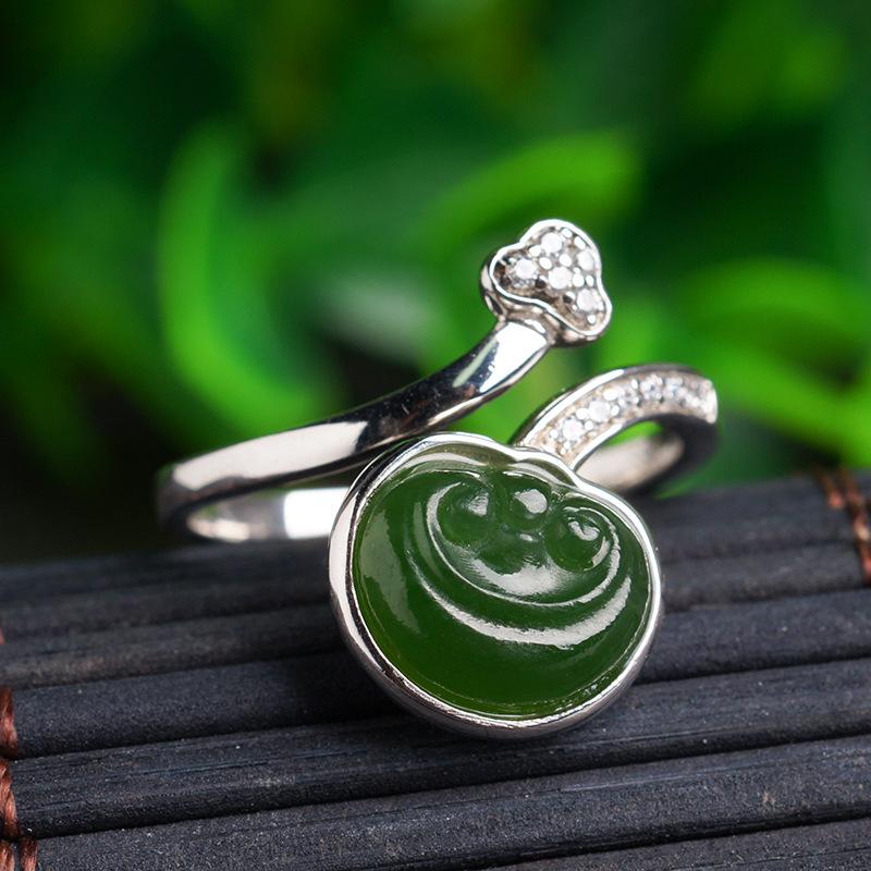 

925 Sterling Silver Hetian Jade & Jasper Open Bangle Women s Ring Adjustable Open