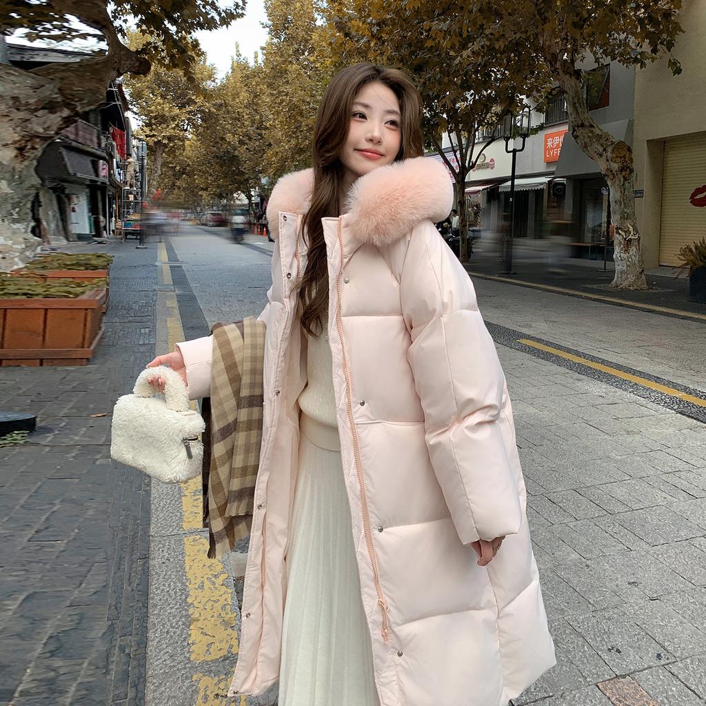 Solid color down cotton clothes women's autumn and winter ins fur collar short over knee medium and long thickened cotton-padded clothes warm jacket