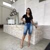 Damen High Waist Skinny Jeans-Shorts Leichte Dehnung Doppelknopf Fransen Bermuda-Shorts Lässige Jean-Shorts mit Tasche