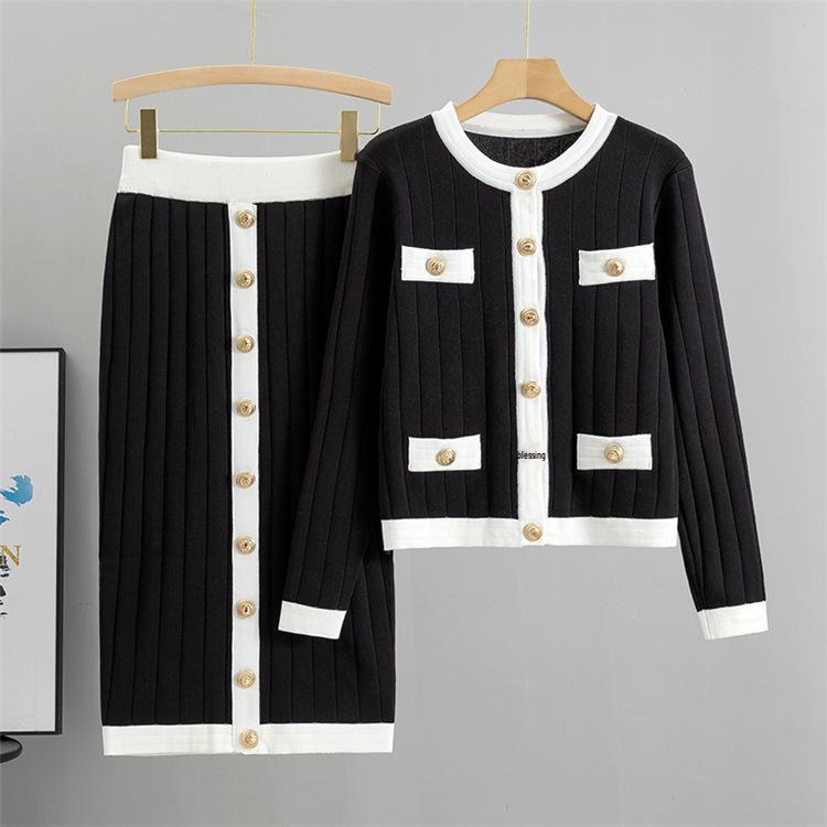 Elegant European Autumn Midi Skirt & Knitted Cardigan Set for Women