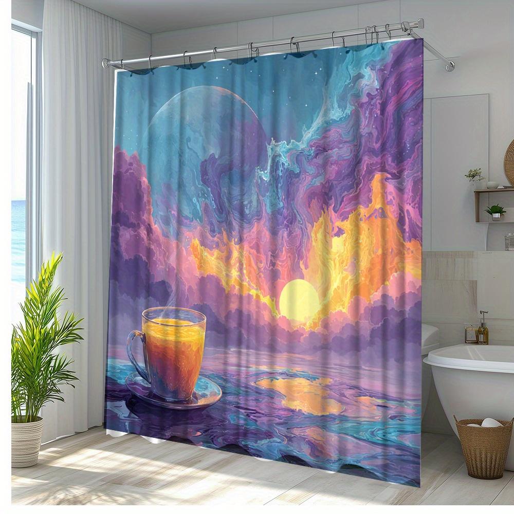 1pc Stunning Sunrise Coffee Bath Curtain with Colorful for Galaxy Design, Perfect Bathroom Decor, Polyester Fabric,