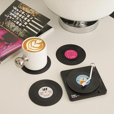 6Pcs Record Coaster with Player Storage Stand, Retro Vinyl Record Coaster, for Home Decoration, Non-Slip Insulated Coaste