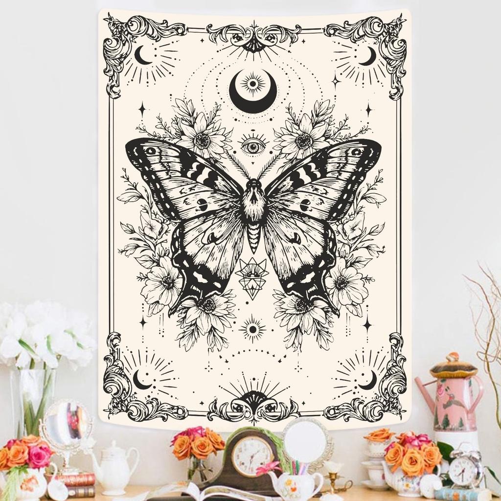 Cottagecore Celestial Butterfly Tapestry, Retro Mushroom & Moon Print with Snails, Bohemian Wall Art for Nature & Witchy Homes