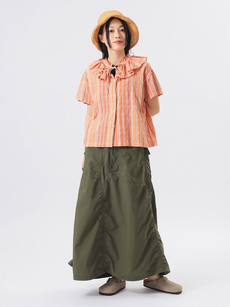 Beams Boy Women's Striped Ruffle Short Sleeve S/S Shirt, Pink Free