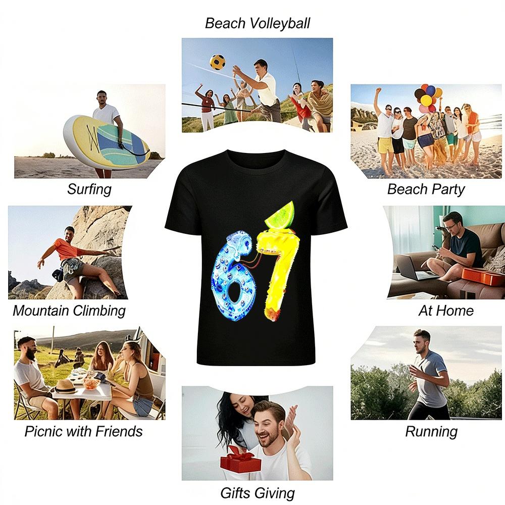Funky 67 Number Print Tee Trendy Color Block Fruit Casual Top Pure cotton T-shirt