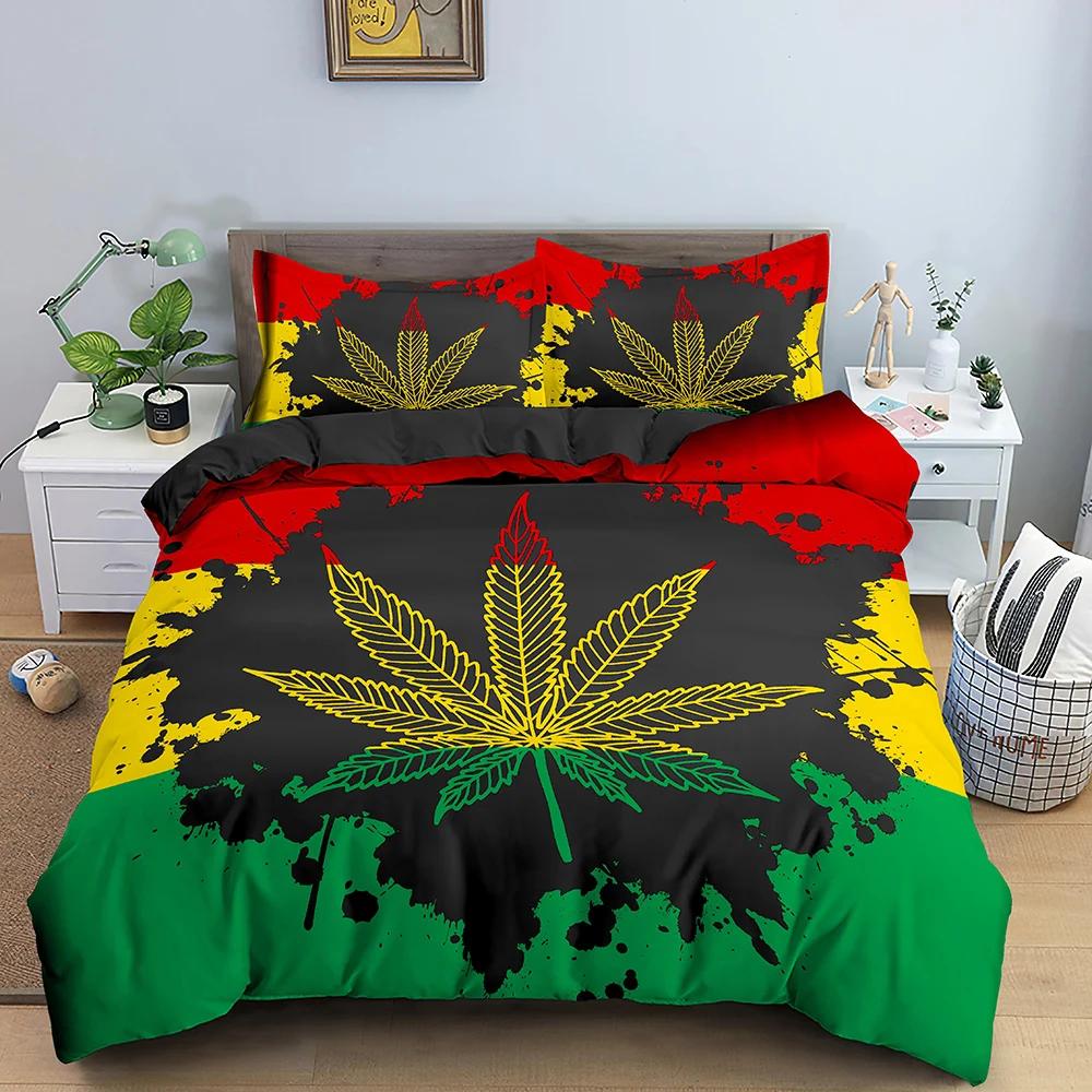 Maple Leaves King Queen Bedding Set Psychedelic Weed Leaf Duvet Cover Colorful Stripes 2/3Pcs Polyester Quilt Cover