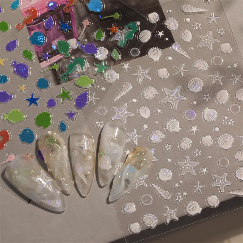 1 Sheet Ocean Shell Jellyfish Nail Stickers Colorful Shell Conch Seastar Adhesive Nail Decal Mermaid Aurora Beach Shell Slider