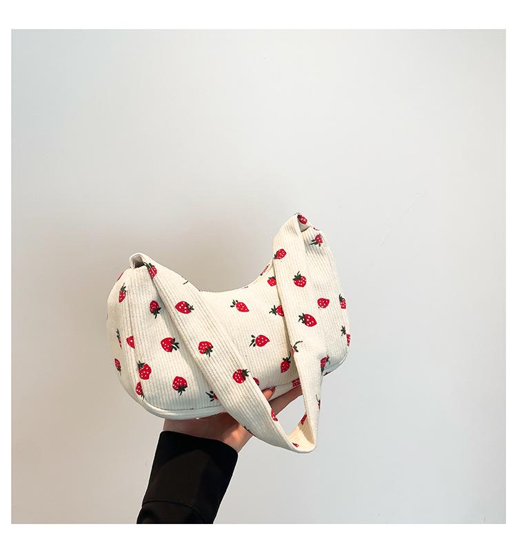 Korean-Style Strawberry Print Corduroy Handbag - 2025 Autumn Collection
