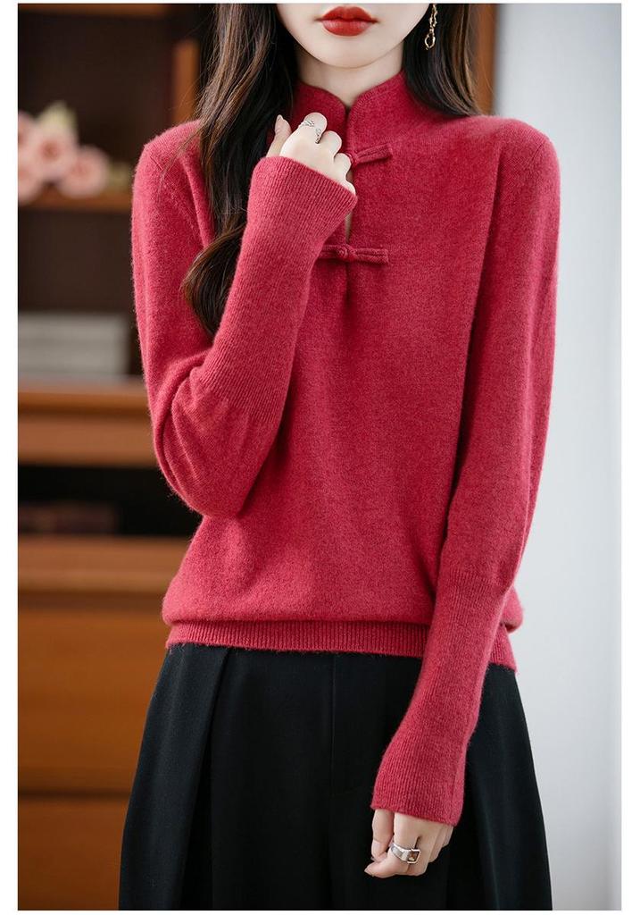 New Chinese Style Women's Thick Wool Sweater - Frog Button, Stand Collar, Loose Fit, Autumn Winter Warm Knit