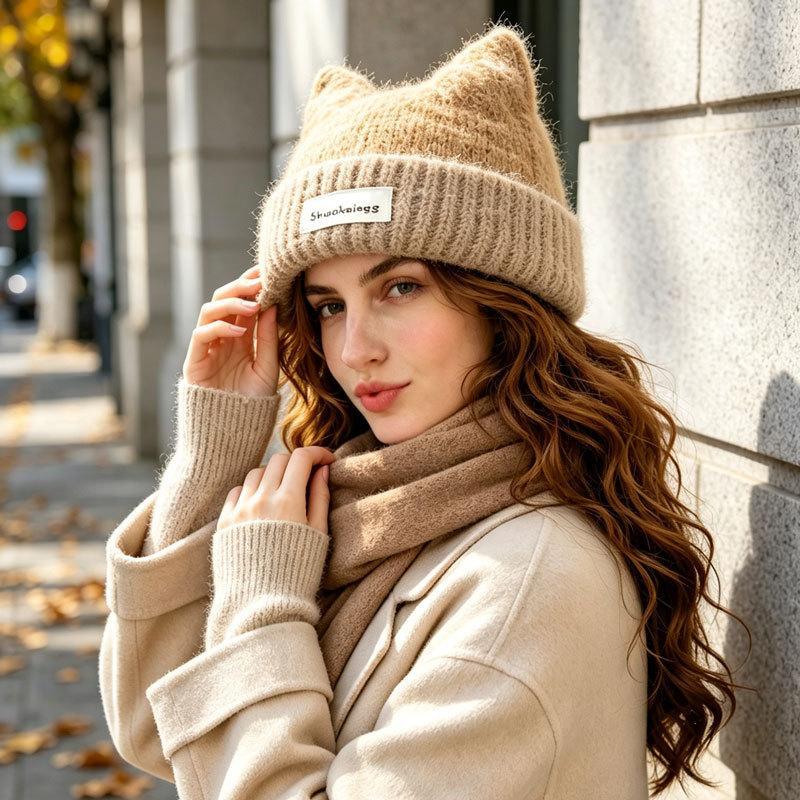 Fuzzy Knit Cat-Ear Beanie Warm Plush Lined Thermal Winter Hat for Women Casual Street Wear Outdoor Daily Use