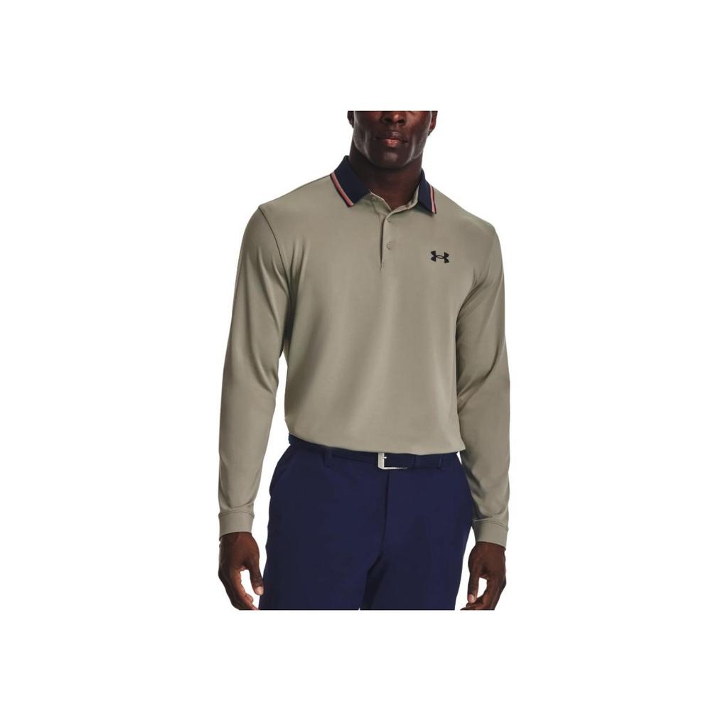Under Armour Color Block Striped Collar Long Sleeve Polo Shirt Men tops Olive 1380786-504