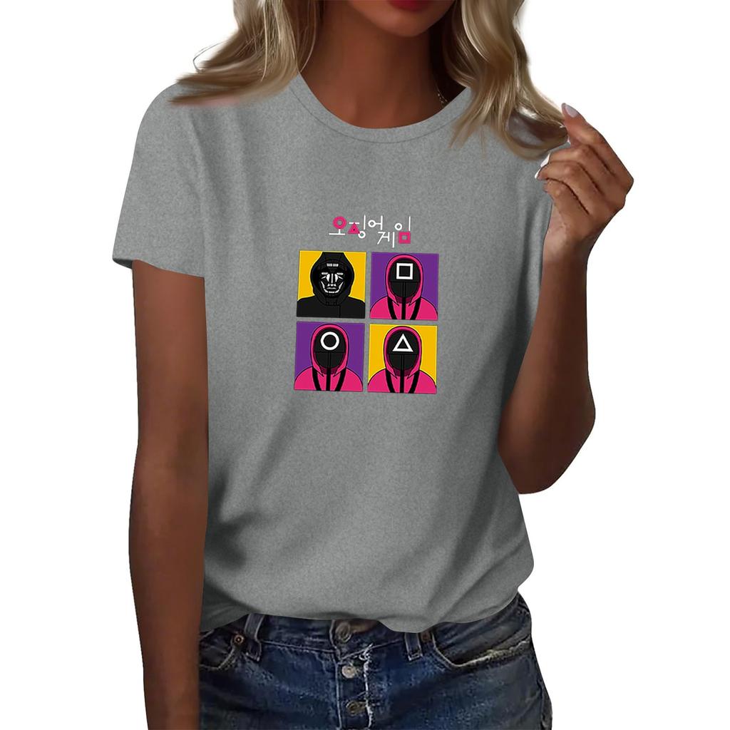 Damen Rundhals Bedrucktes Kurzarm T-Shirt Top