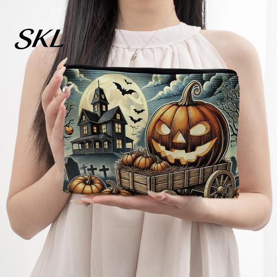 Large Capacity Pencil Pouch Halloween Storage Bag, Cosmetic with Pumpkin Small Toiletries Organizer Castle Skull Print, Smooth Zipper Thickened Canvas