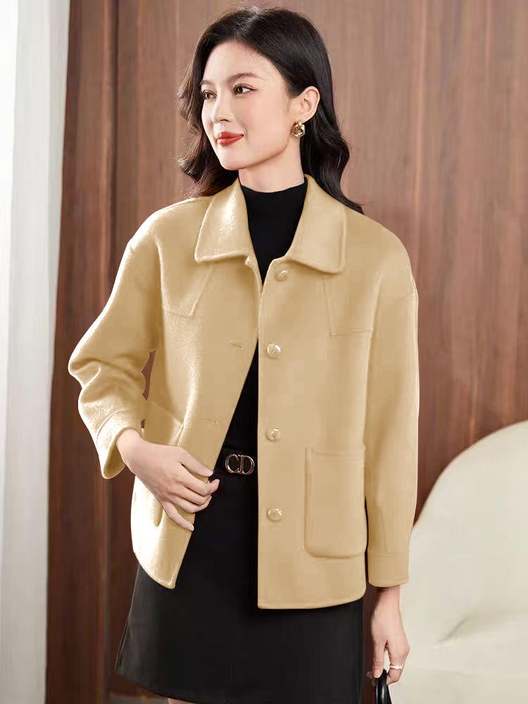Women's Short Double-Sided Cashmere Wool Coat with Doll Collar - Small Size, Loose Fit