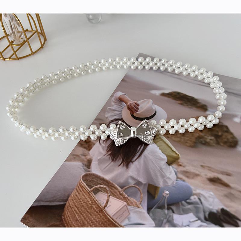 

Women s Stylish New Pearl Belt With Crystal Flower Design Ideal For Dress Accessories Double Layer Bow