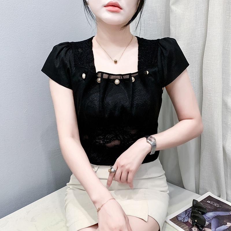 

Классическая женская летняя кружевная футболка, одежда, сексуальные топы с квадратным вырезом и жемчужными пуговицами, облегающие, рубашки, элегантные женские футболки с коротким рукавом 3XL чёрный