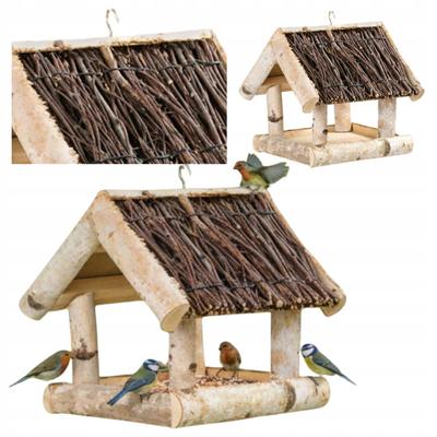 Hanging Wooden Grain Bird Feeder for Garden with Brushwood Roof