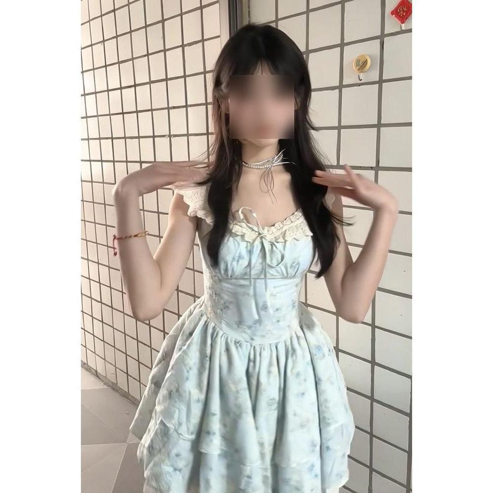 Sweet Spice Girl Blue Flying Sleeve Dress Women's Summer Waist Fluffy Short Dress Sweet Premium Princess Cake Dress