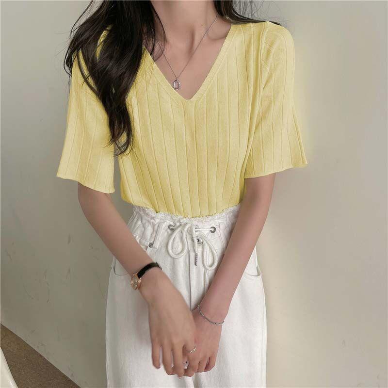 V-neck Tops Summer Short Sleeve T-shirt Loose Pit Striped Sweater Women's Casual Bottoming Shirt Aesthetic Simple Tee Y2k Top