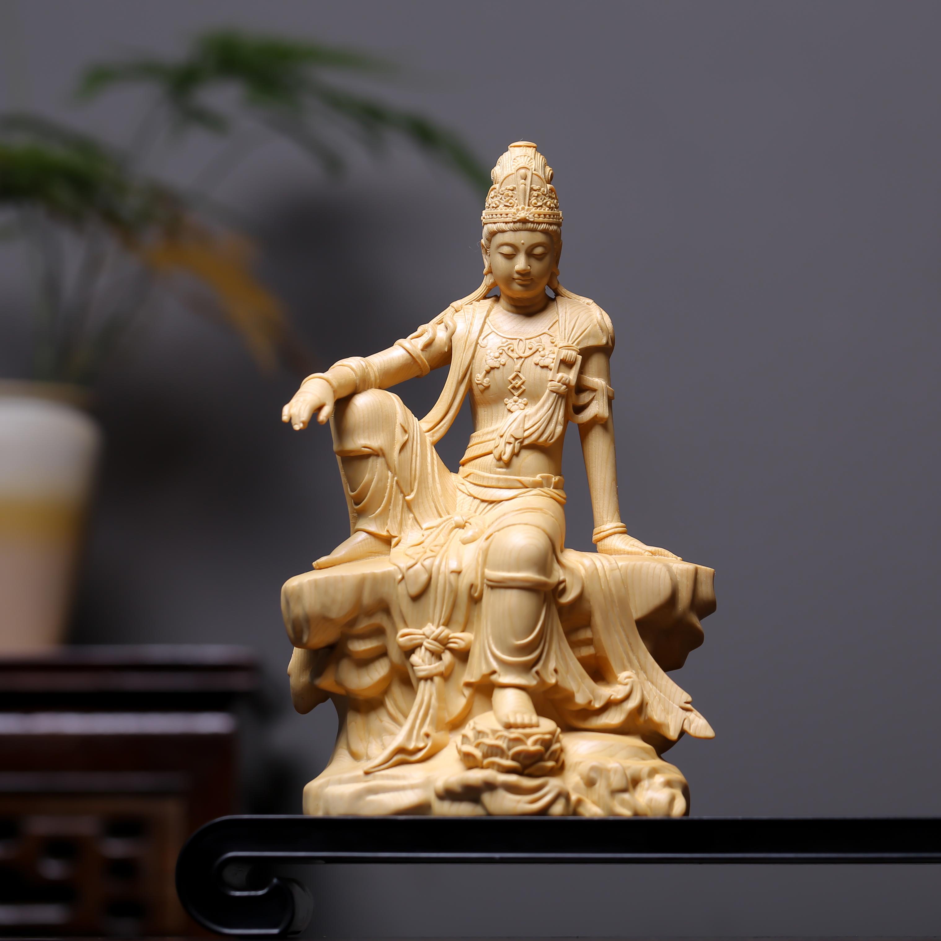 Cypress Wood Water Moon Guanyin Statue Bodhisattva of Serenity for Home or Temple, Traditional Buddhist Figurine