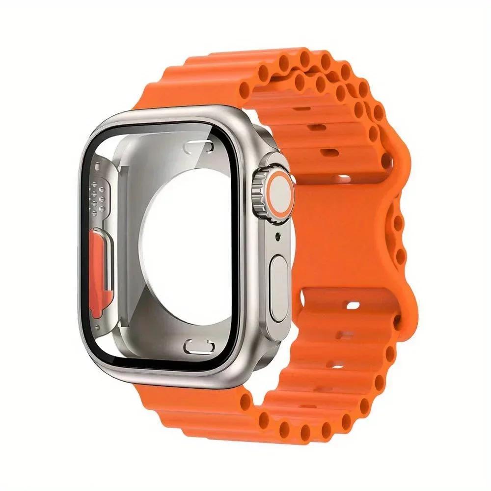 PC Firm Cover+Strap for Apple Watch Band 44 46 45mm 41/40mm Glass+Case Silicone Bracelet Correa IWatch Series 10 9 8 7 SE 6 5 4