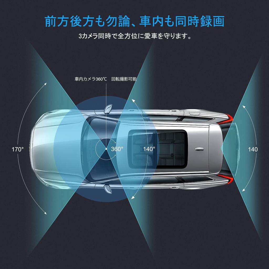 LAMONKE Drive Recorder 3 telecamere Schermo da 2,0 pollici Telecamera per auto Telecamere anteriori e posteriori Telecamera per auto 1080P Full HD 170° Ultra grandangolo Infrarossi Nig