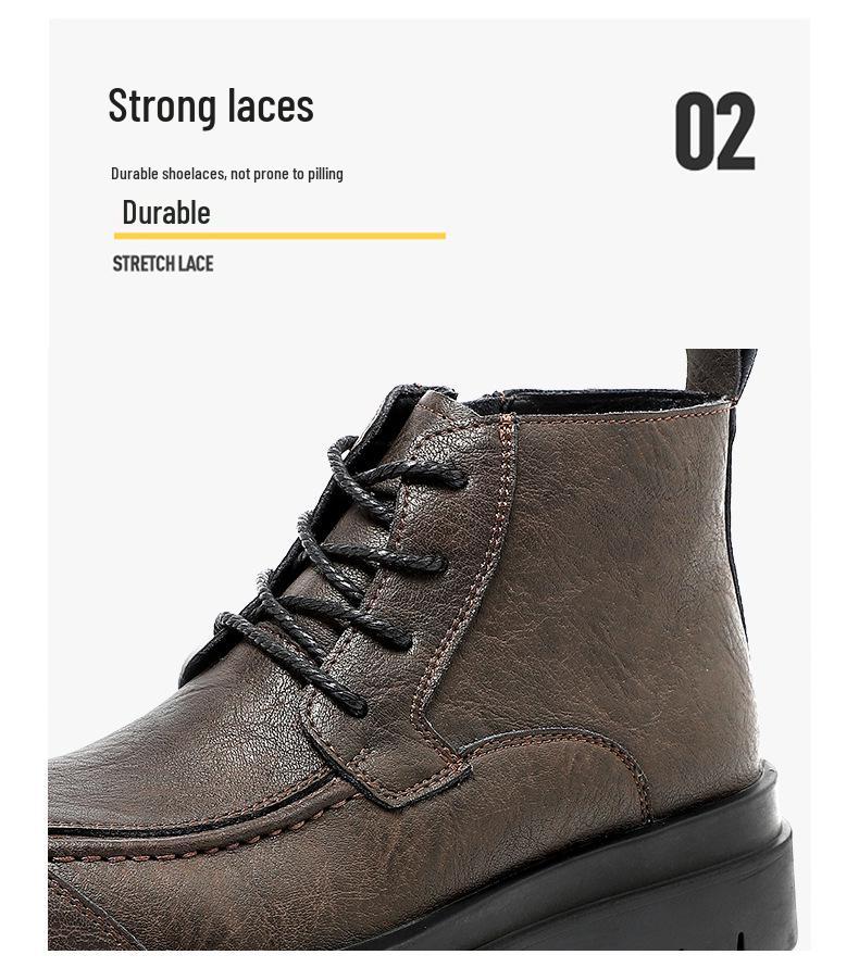 Men's Cowhide Lace-up Martin Boots - Winter Thick Sole, Outdoor Casual, Height-increasing Mid-top Work Shoes