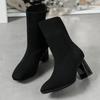 Large Size Elastic Boots Women's Autumn and Winter New Wind Square Head Flying Knitting Women's Boots Thick High Heel Medium Tube Thin Socks Boots