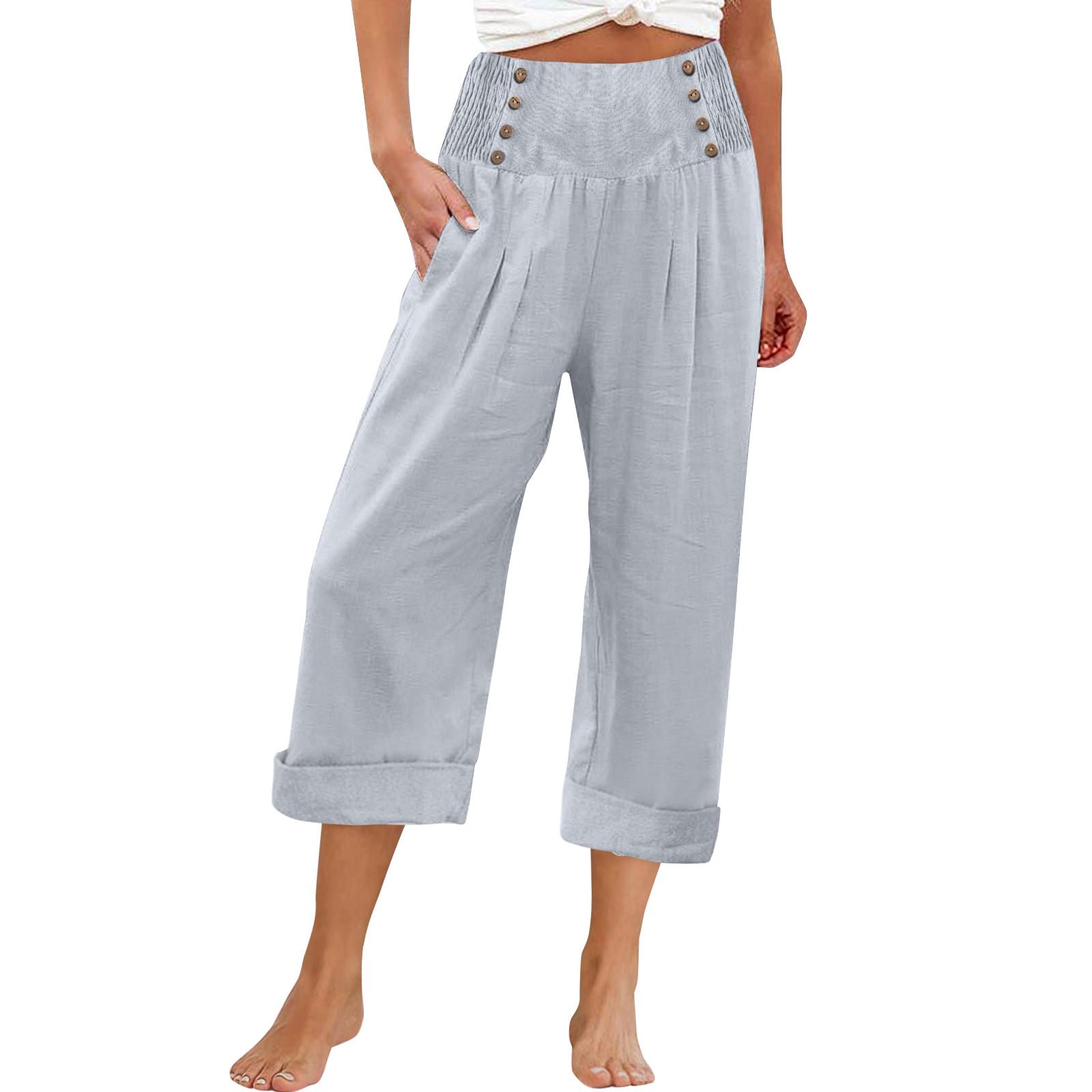 

Брюки для женщин, широкие брюки для йоги с карманами и пуговицами, повседневные укороченные брюки с высокой талией, свободные мягкие пижамные спортивные штаны XXXL